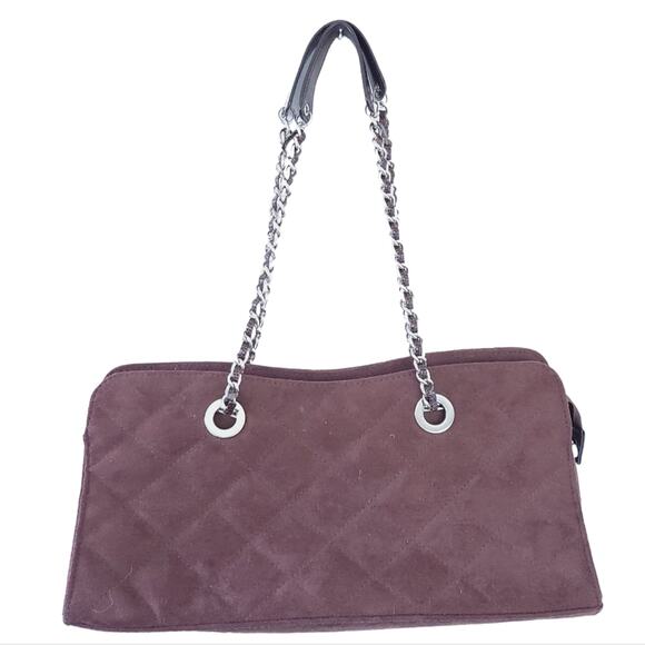 Quilted Shoulder Bag Purse Rectangle Brown Faux Suede Chain Strap Gold Tone - Picture 2 of 2